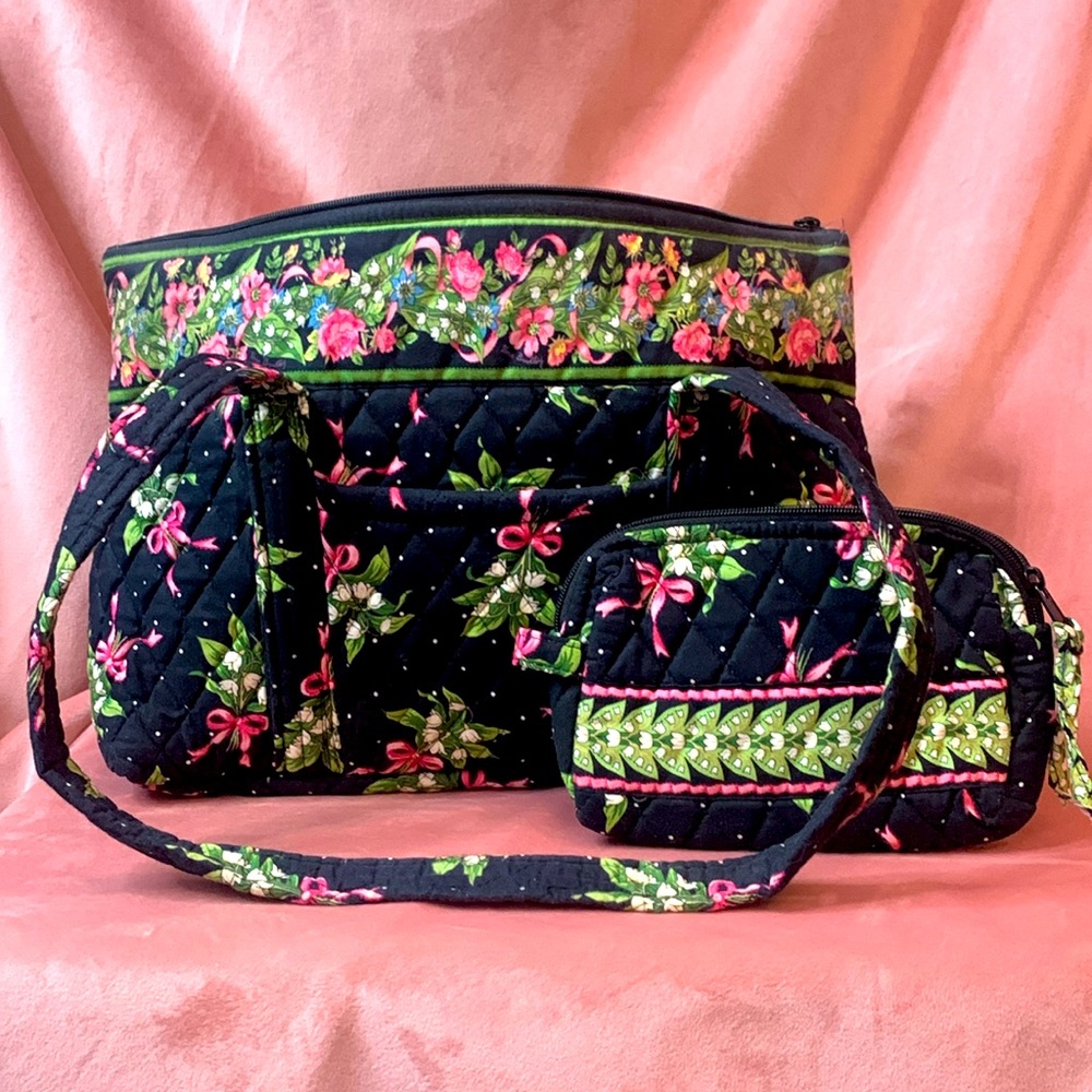 Vera Bradley Tote Black / Green / Pink Floral Flowers Quilted